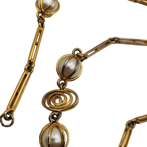 Faux Pearl Long Necklace Gold Tone Scroll Chain Vintage 1970s Flapper 36 1/2" - Picture 6 of 7